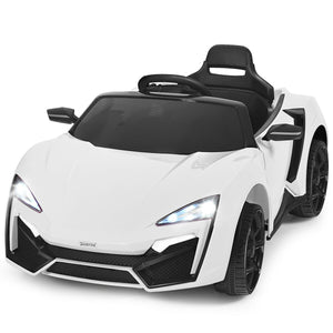 12V 2.4G RC electric vehicle for kids with lights, angled view showcasing design and features.
