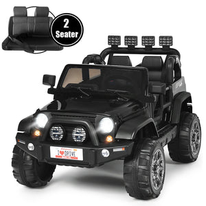 12V 2-seater ride-on car truck with remote control and storage, perfect for kids' outdoor fun.