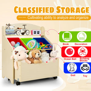 Kids wooden toy storage unit organizer with rolling toy box and plastic bins, angled view showcasing functionality.