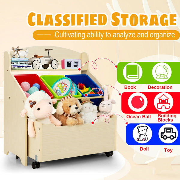 Kids wooden toy storage unit organizer with rolling toy box and plastic bins, angled view showcasing functionality.
