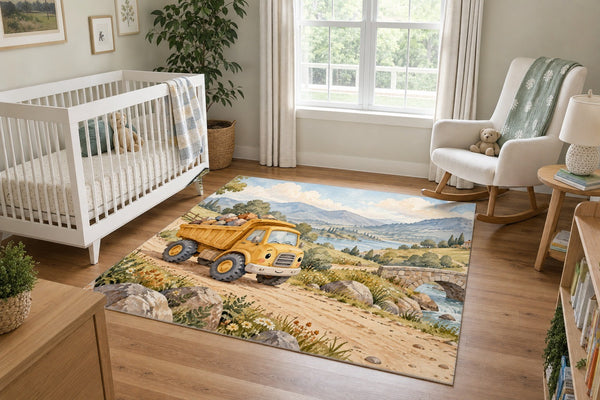 Dump Truck Road area rug in a calm nursery with a white crib