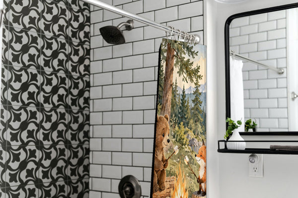 Bear and Fox Campfire Camping shower curtain in a modern farmhouse bathroom with subway tile