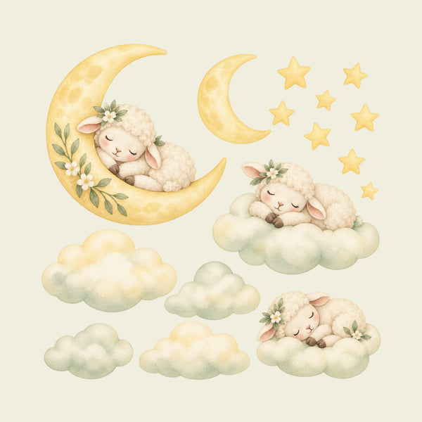 Sleeping Lamb Moon and Clouds Wall Decals, Set of 16, image 1