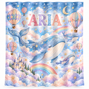 Personalized whales in the clouds kids shower curtain with the name Aria