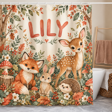 Personalized fox, fawn and hedgehog kids shower curtain with the name Lily