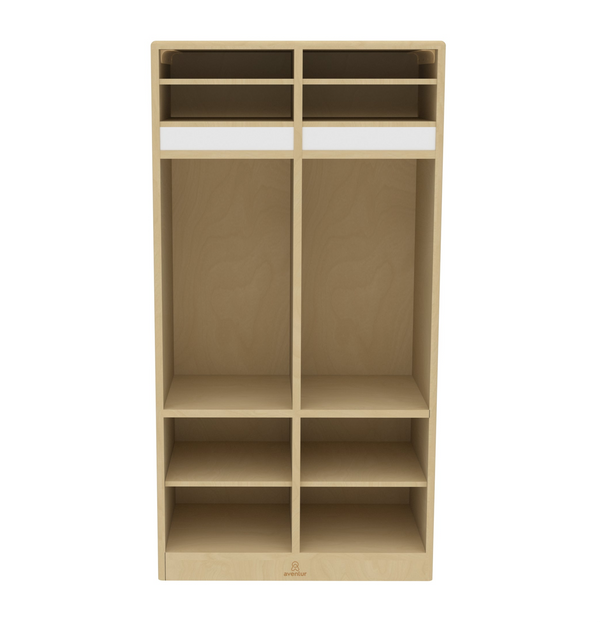 Double Preschool Cubbies in vibrant colors, perfect for toddlers' clothing and playtime.