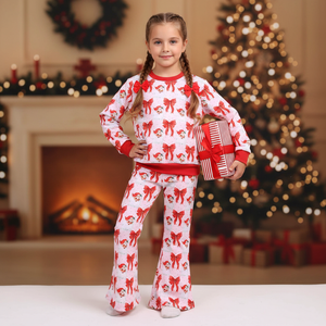 Red Santa bows lounge set for babies, perfect for festive playtime and cozy lounging.