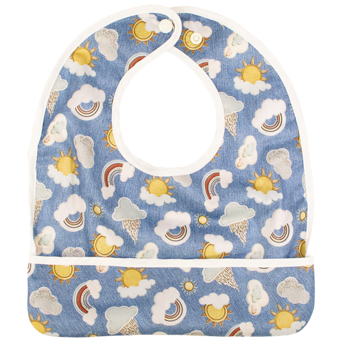 "Flip Pocket Bib for babies, featuring a convenient pocket and adjustable design, shown at an angle."