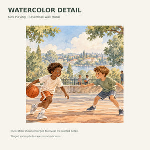 Watercolor Kids Playing Basketball Wall Mural, image 4