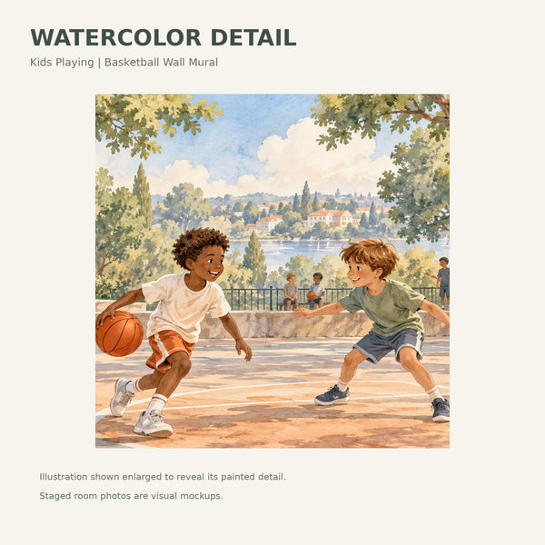 Watercolor Kids Playing Basketball Wall Mural, image 4