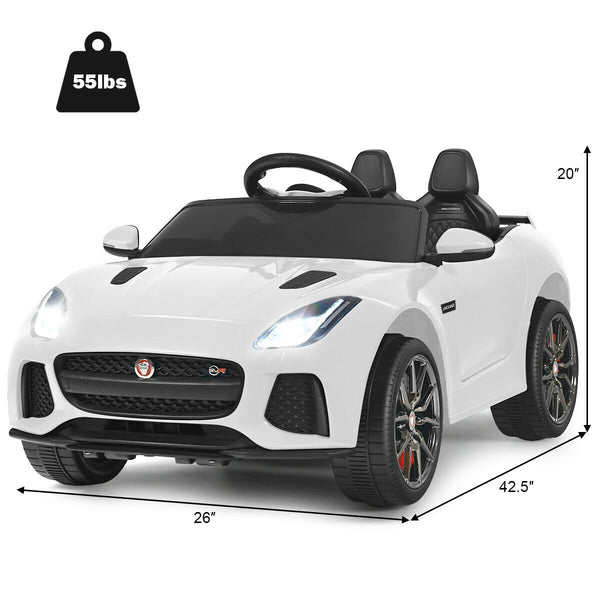 12V Jaguar F-Type SVR licensed kids ride-on car in angle view, perfect for young car enthusiasts and outdoor fun.