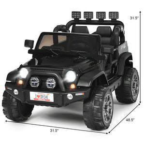 12V 2-seater ride-on car truck with remote control and storage, perfect for kids' outdoor fun.