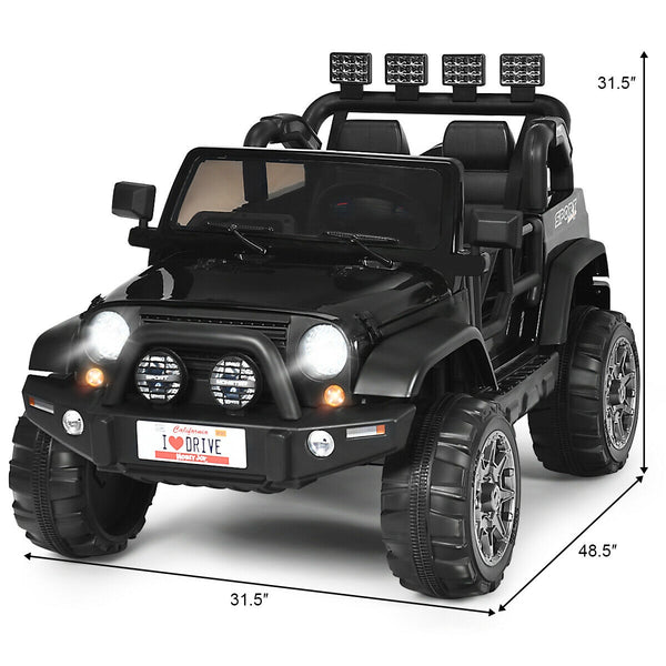 12V 2-seater ride-on car truck with remote control and storage, perfect for kids' outdoor fun.