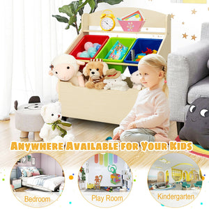 Kids wooden toy storage unit with rolling toy box and plastic bins, perfect for organizing playroom essentials.
