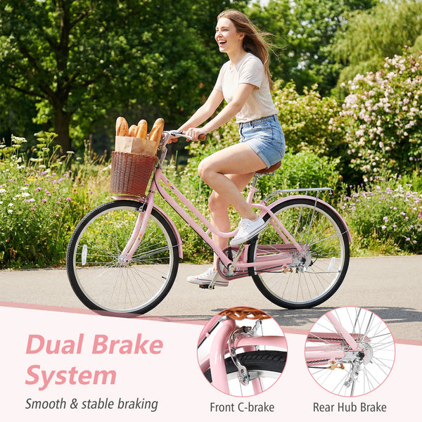 26 Inch Beach Cruiser Bike for Women with Woven Basket and Rear Rack - Pink