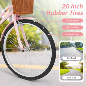 26 Inch Beach Cruiser Bike for Women with Woven Basket and Rear Rack - Pink