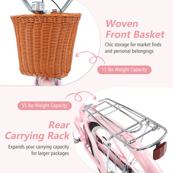 26 Inch Beach Cruiser Bike for Women with Woven Basket and Rear Rack - Pink
