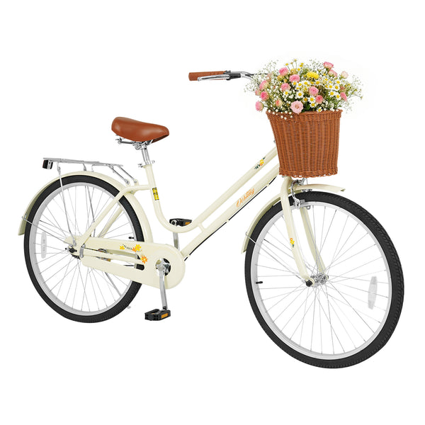 24 Inch Beach Cruiser Bike for Women with Woven Basket and Rear Rack - Beige