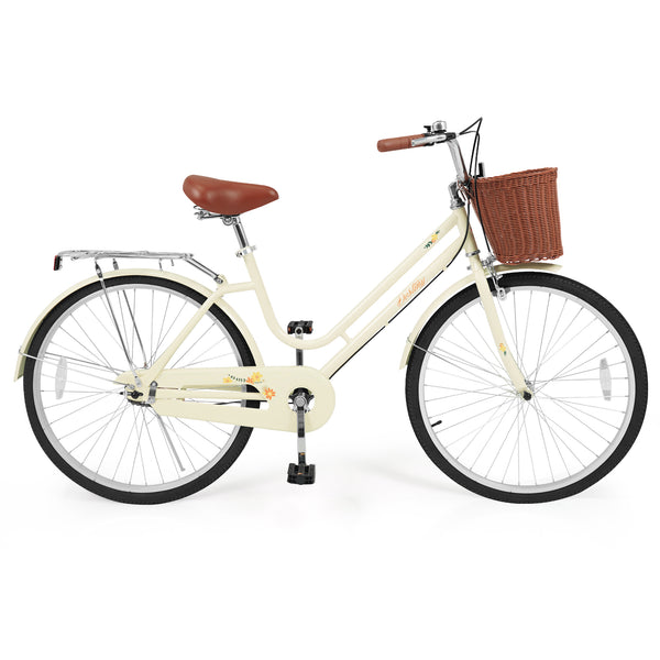 24 Inch Beach Cruiser Bike for Women with Woven Basket and Rear Rack - Beige