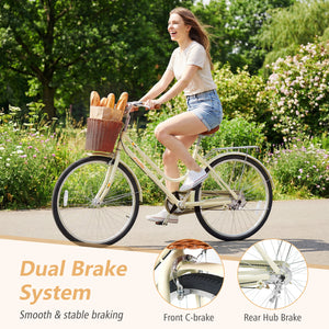 24 Inch Beach Cruiser Bike for Women with Woven Basket and Rear Rack - Beige