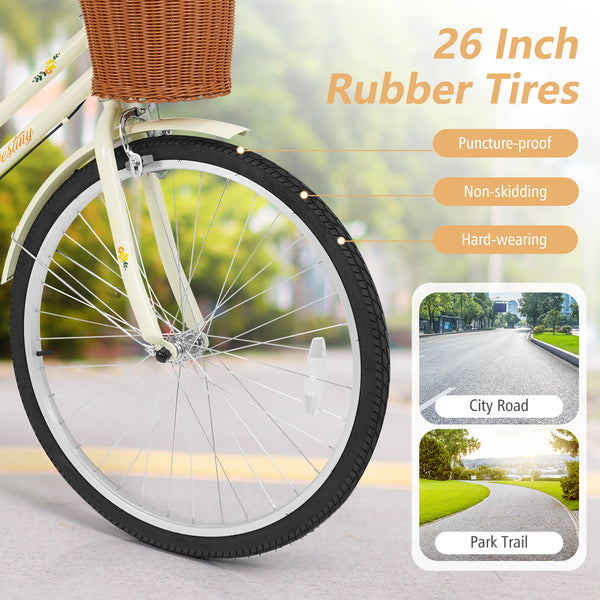 24 Inch Beach Cruiser Bike for Women with Woven Basket and Rear Rack - Beige