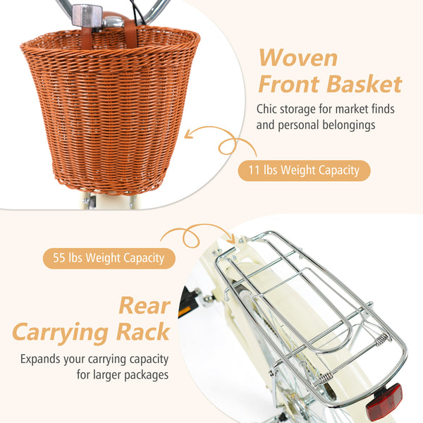 24 Inch Beach Cruiser Bike for Women with Woven Basket and Rear Rack - Beige