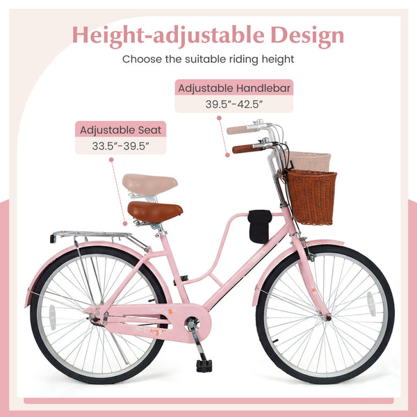26-Inch Beach Cruiser Bike with Cup Holder and Woven Basket - Pink
