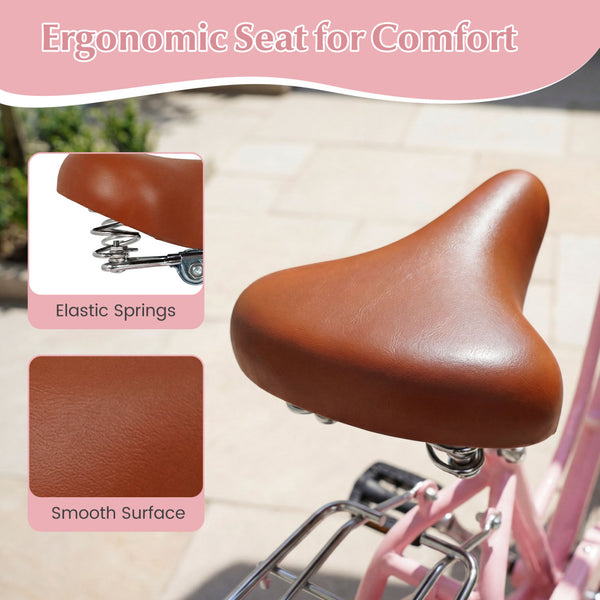 26-Inch Beach Cruiser Bike with Cup Holder and Woven Basket - Pink