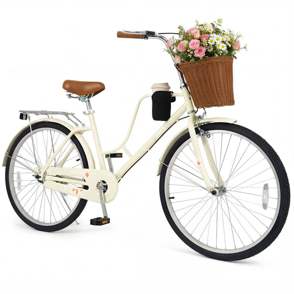 26-Inch/24-Inch Beach Cruiser Bike with Cup Holder and Woven Basket - Beige
