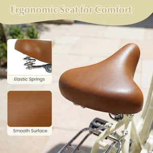 26-Inch/24-Inch Beach Cruiser Bike with Cup Holder and Woven Basket - Beige