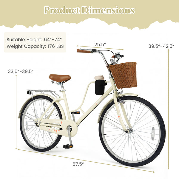 26-Inch/24-Inch Beach Cruiser Bike with Cup Holder and Woven Basket - Beige