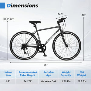 26 Inch Mountain Bike Adjustable with 6-Speed and All-terrain Rubber Wheels
