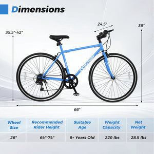26 Inch Mountain Bike Adjustable with 6-Speed and All-terrain Rubber Wheels
