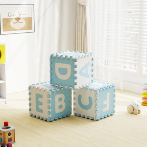 Colorful 26-piece interlocking ABC play mats with detachable letters for babies, perfect for playtime and learning.