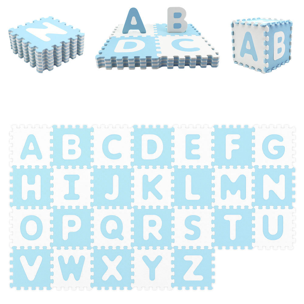 26-piece interlocking ABC play mats with detachable letters for babies and kids, colorful and educational playtime.