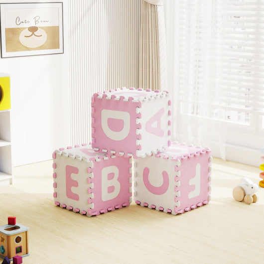 Colorful 26-piece interlocking ABC play mats with detachable letters for babies, angled view showcasing vibrant design.