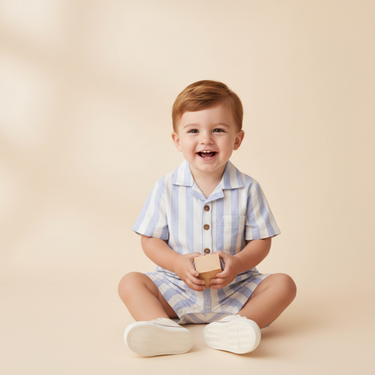 Organic Collared Romper - Blue Stripes