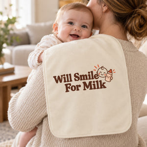 Will Smile For Milk burp cloth in cream, styled photo 1