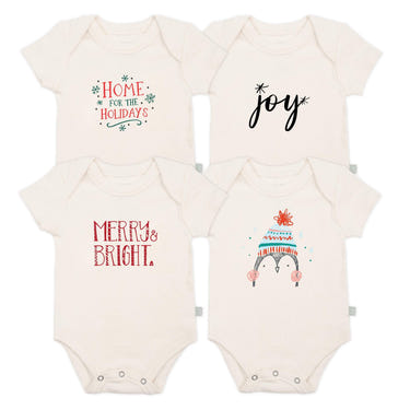 Holiday graphic bodysuit set for babies, 4 pack plus 1 free, perfect for festive occasions.