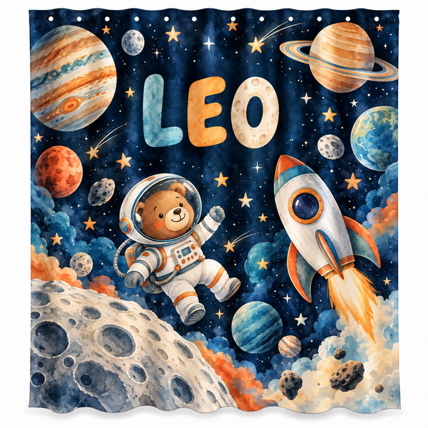 Personalized astronaut bear, rocket and planets kids shower curtain with the name Leo