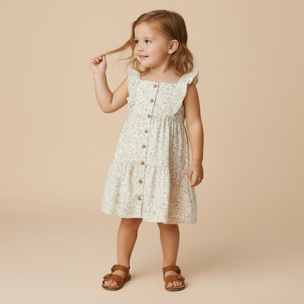 Organic Flutter Buttoned Tiered Dress - Bluebelle
