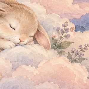 Cloud Bunny shower curtain, close up of the watercolor artwork