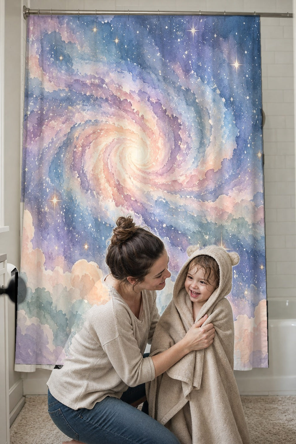 Pastel Galaxy shower curtain, full front view of the 71 x 74 in fabric curtain