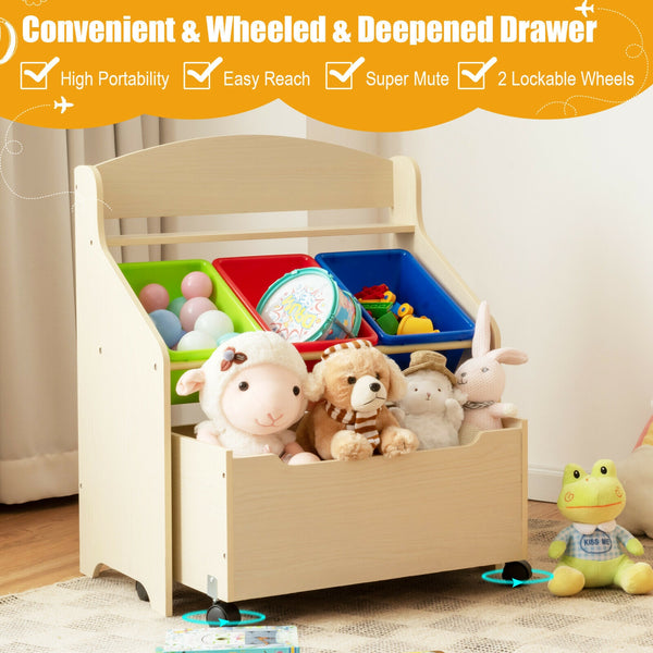 Kids wooden toy storage unit with rolling toy box and plastic bins, perfect for organizing playroom essentials.