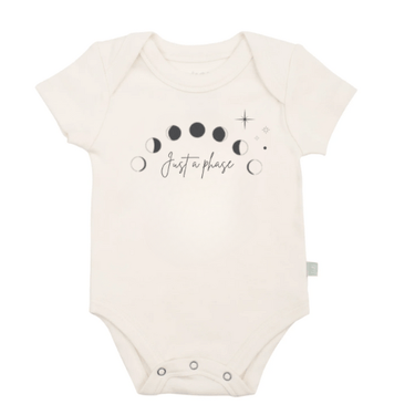 "Graphic short sleeve bodysuit for babies with 'Just a Phase' design, perfect for playful outfits."