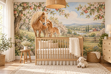 Watercolor Pony Orchard Farm Wall Mural, image 1