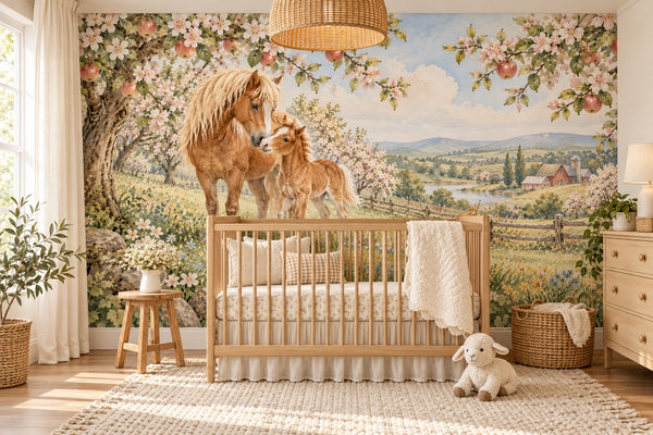 Watercolor Pony Orchard Farm Wall Mural, image 1