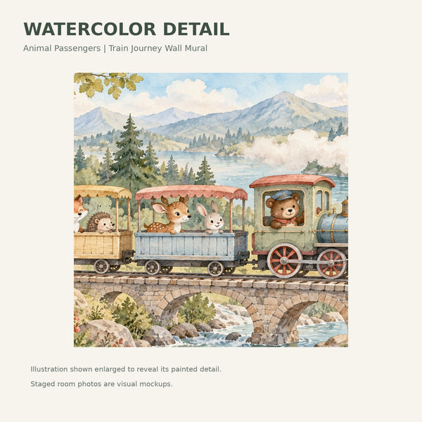 Watercolor Animal Train Wall Mural, image 4