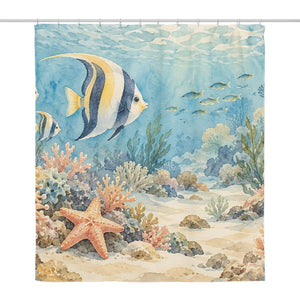 Coral Reef Ocean shower curtain, full front view of the 71 x 74 in fabric curtain