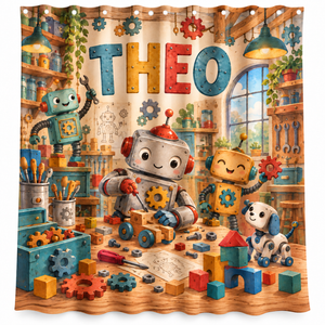 Personalized robot workshop kids shower curtain with the name Theo